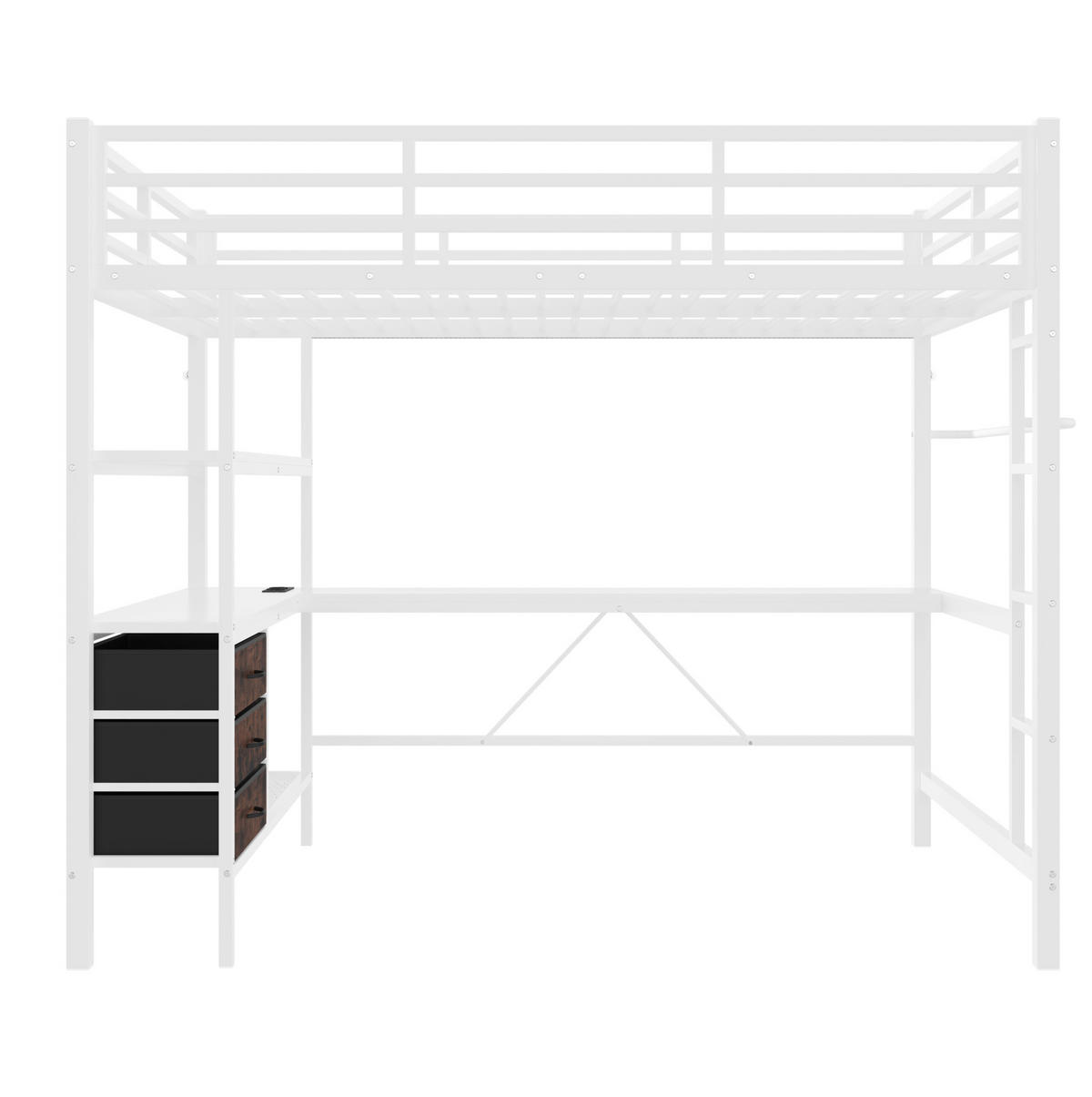VISOKI krevet 140/200 cm s LED osvjetljenjem, stolom, USB priključkom, 3 ladice i policama, Bijela - bijela, metal (140/200cm) - Redom