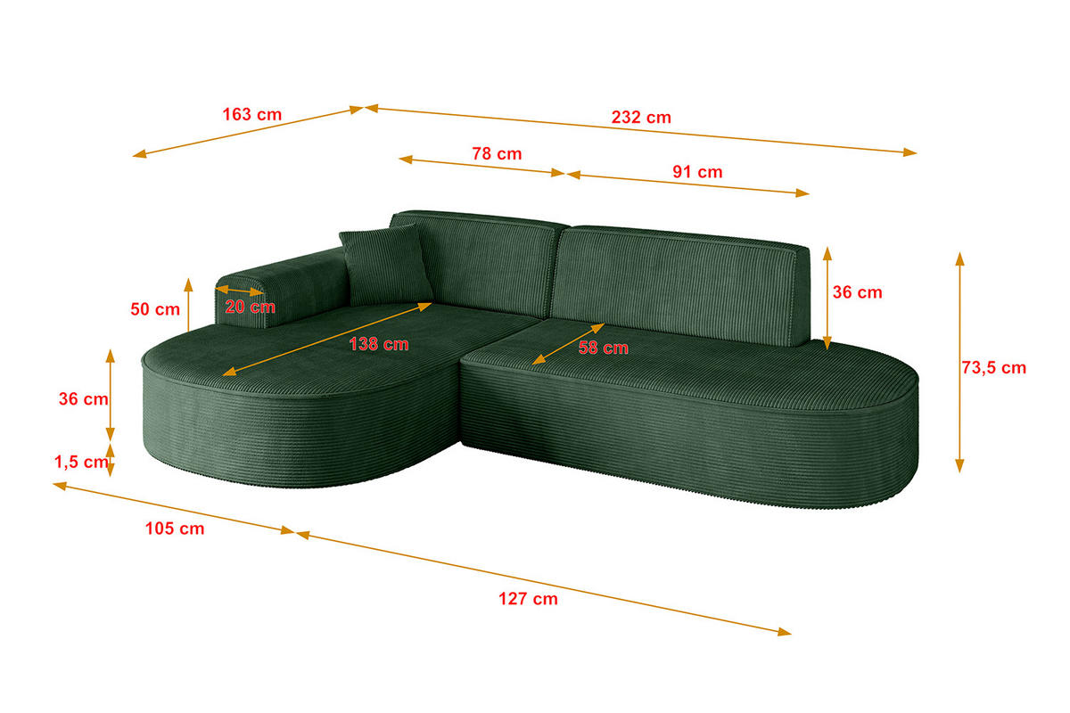 ECKSOFA Ottomane Links MARI-L1 - 232x163x73,5 cm Grün Cord - Schwarz/Grün, Holzwerkstoff/Kunststoff (163/234cm) - ALTDECOR