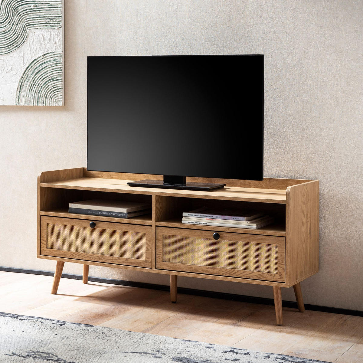 LOWBOARD Eiche-Dekor Rattan Modern Stil 120x56x39 cm mit Schubladen - Eichefarben/Braun, Holz (120/56/39cm) - KADIMA DESIGN