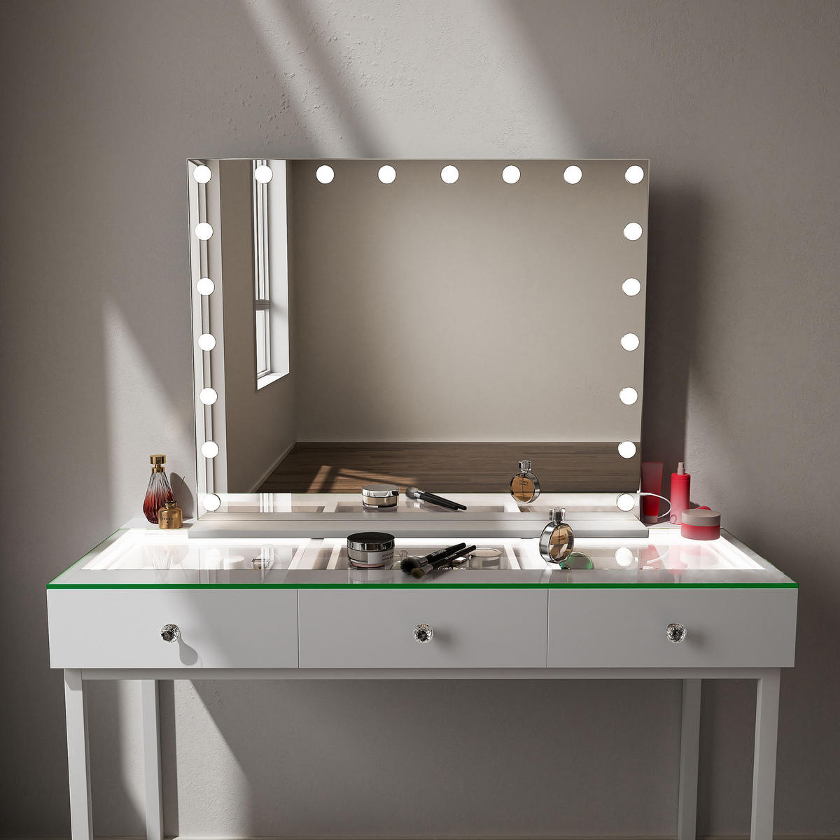 SCHMINKSPIEGEL mit LED-Beleuchtung weiß 100/80 cm - Weiß, Metall (100/80/15cm) - VANITII