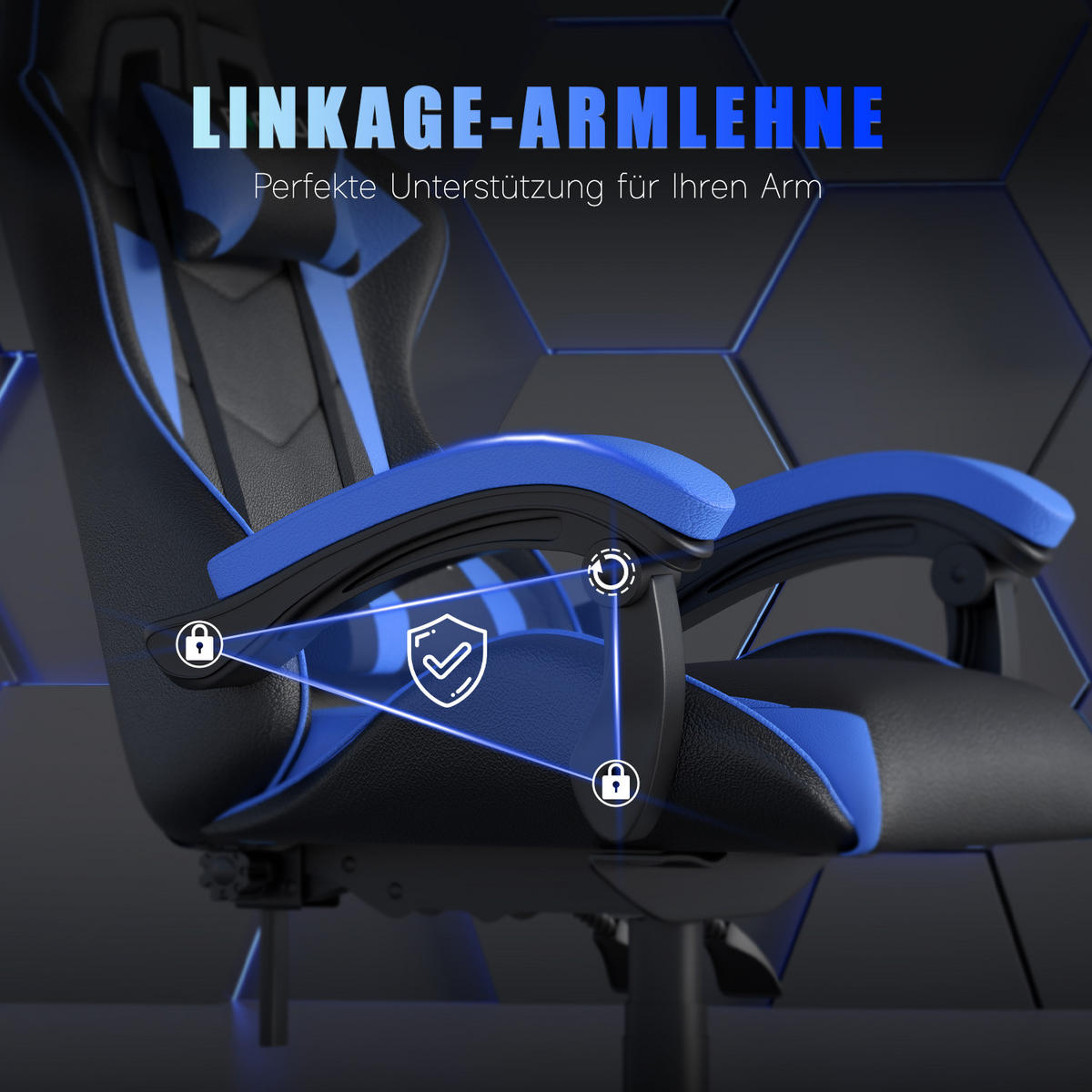 GAMINGSTUHL Schwarz-Blau ergonomisch - Blau, Leder (29/59/79cm) - Rattrix