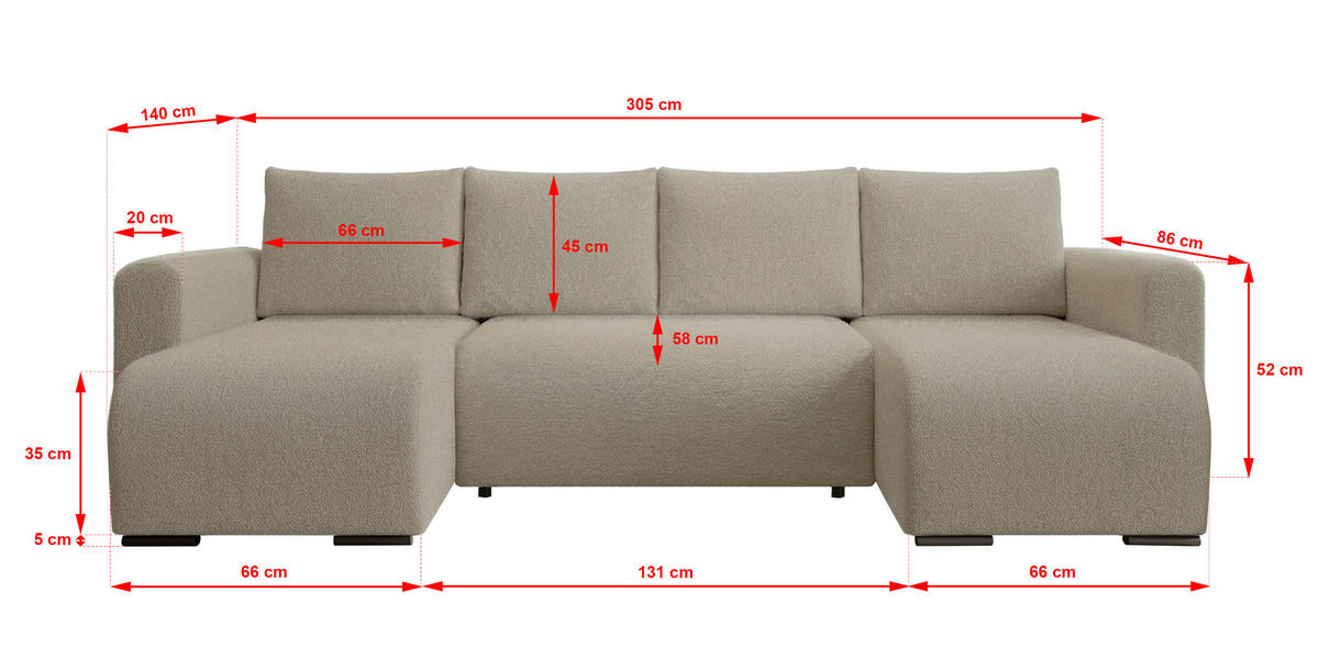WOHNLANDSCHAFT DORA U mit Bettkasten und Schlaffunktion, U-Form, bequem - Hellbraun, Textil (305/85/140cm) - Storez24