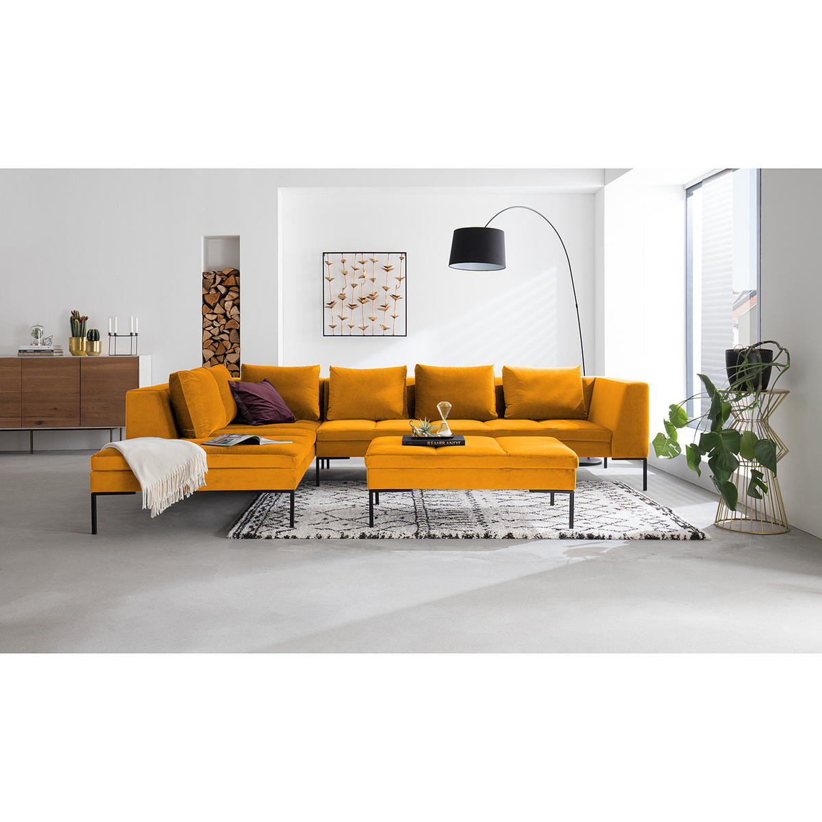 ECKSOFA mit Ottomane - Gelb/Schwarz, Textil/Metall (319/230cm) - home24