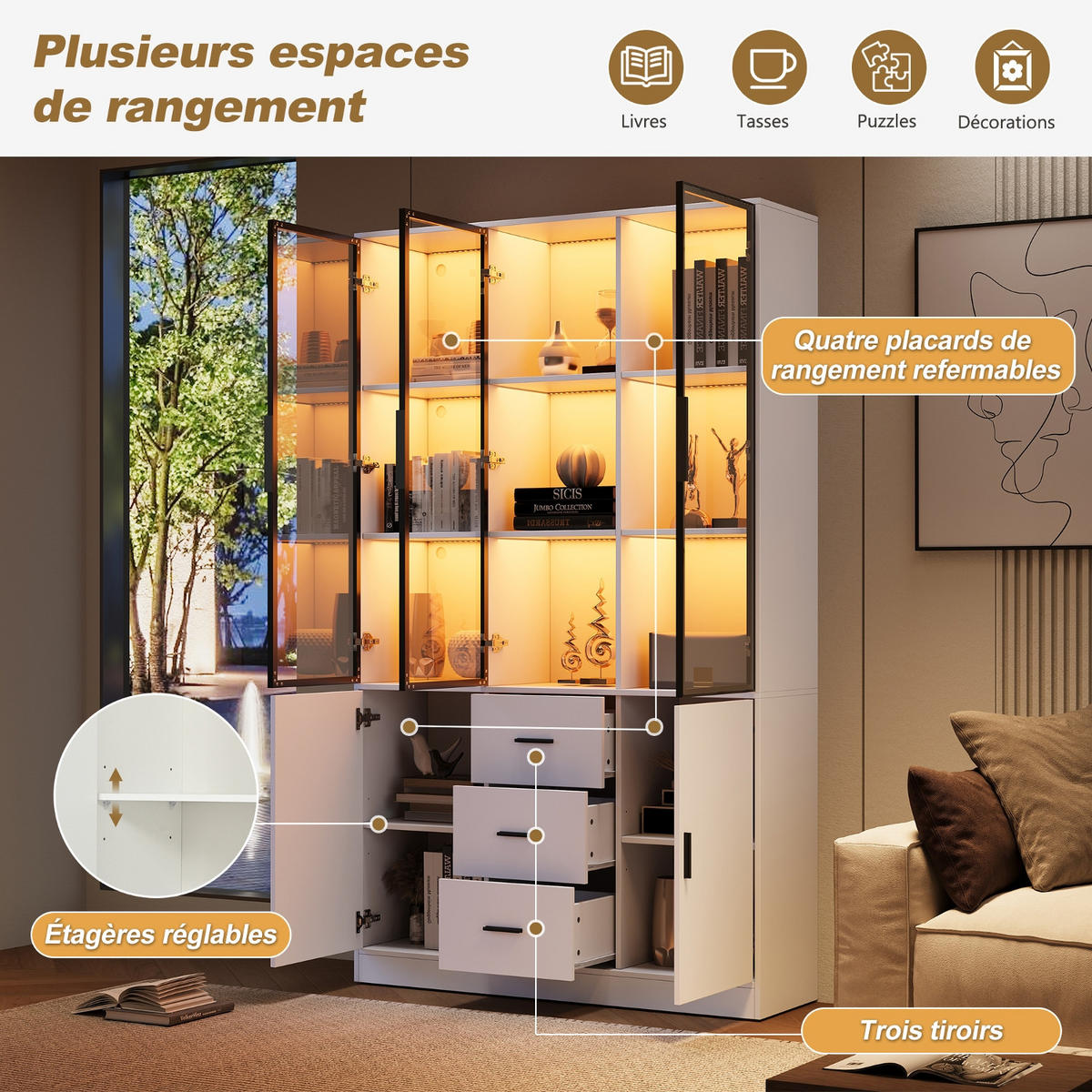 KÜCHENSCHRANK MIT LED BELEUCHTUNG 120/200/30 cm, Spanplatte und Glas, Weiß matt, Highboard mit 3 Schubladen für Wohnzimmer - Weiß, Holzwerkstoff (30/200/120cm) - Rolipo