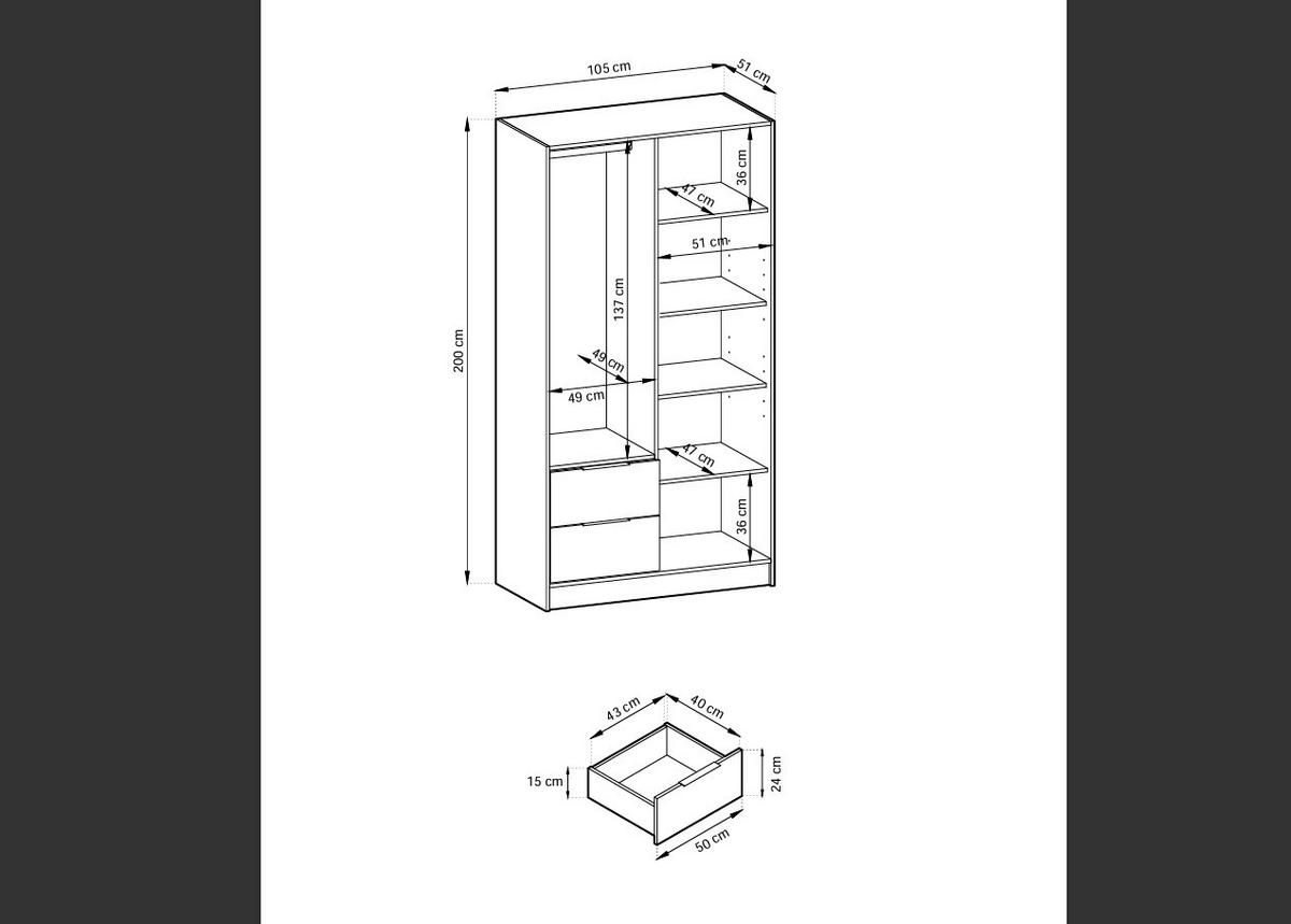 KLEIDERSCHRANK Stilo in Eiche Artisan, zweitürig, mit Spiegel und Lamellen an der Vorderseite - Schwarz/Eiche Artisan, Holzwerkstoff/Kunststoff (105/200/51cm) - Ravio