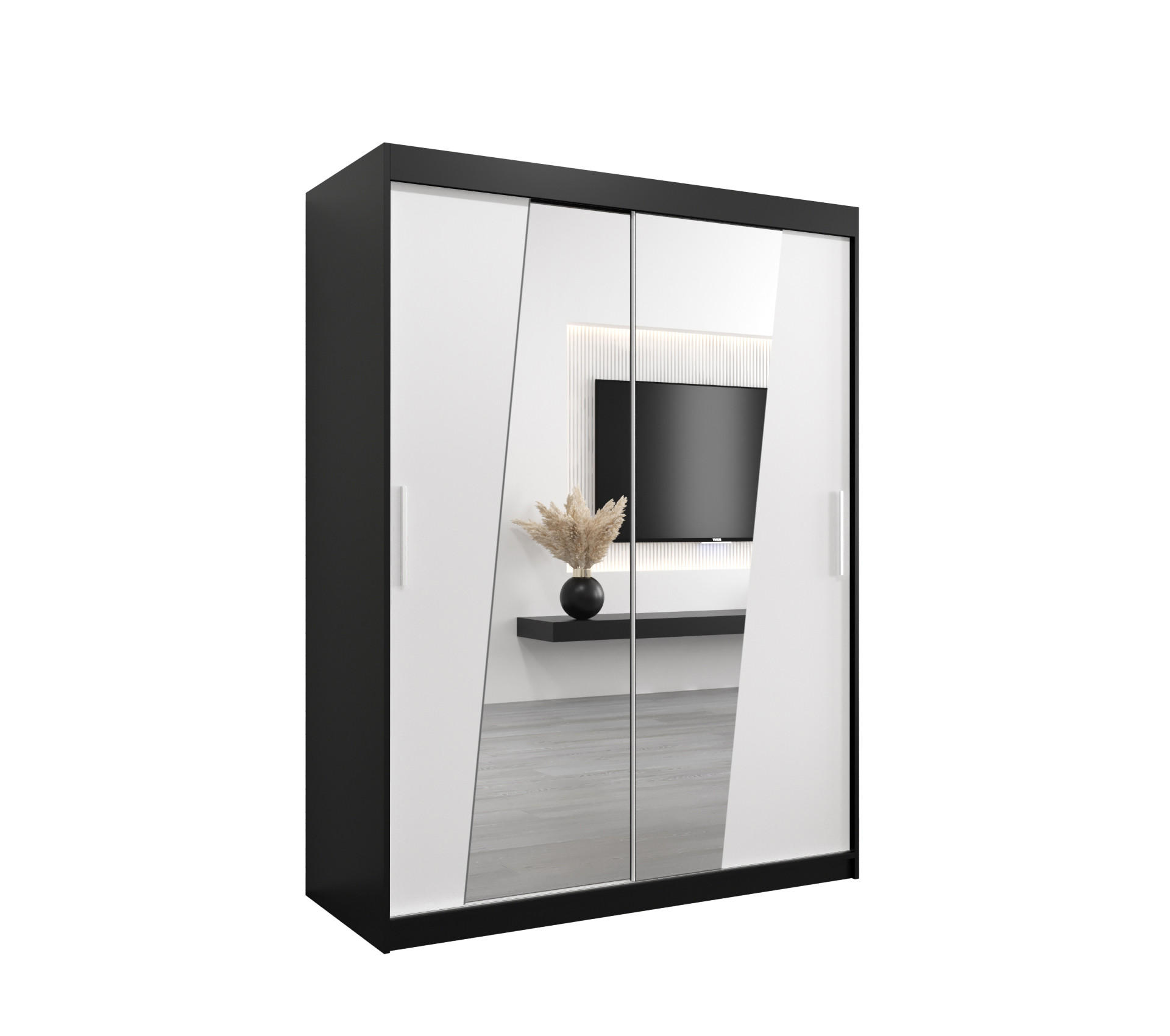 Abiks Möbel Schwebetürenschrank Schwarz, Weiß 150x200x62 cm