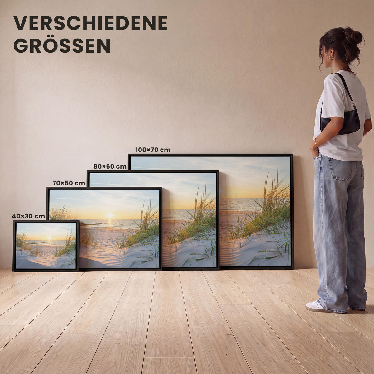 LEINWAND Bilder mit Rahmen - Strand - Sonne - Düne - Gras - Sand - Horizont - 40x30 - Hellblau, Textil (40/30cm) - MuchoWow
