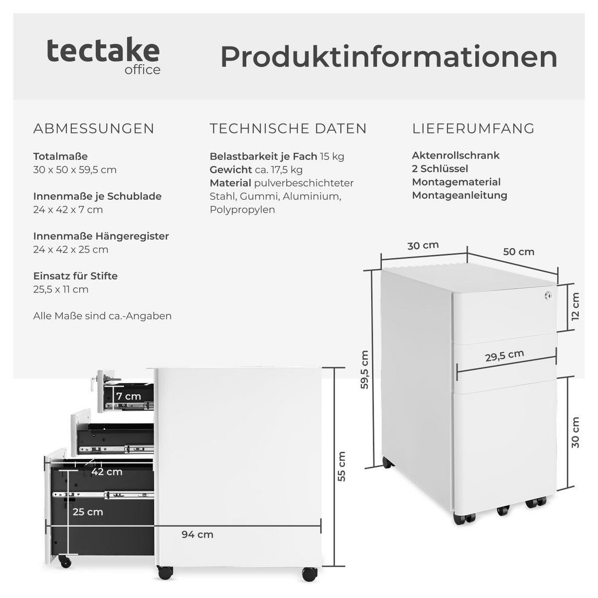AKTENROLLSCHRANK Parvus,30 x 50 x 59,5 cm,weiß - Weiß, Textil (30/59.5/50cm) - tectake