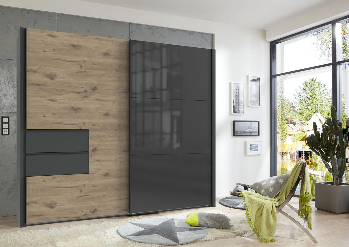 SCHWEBETÜRENSCHRANK B262/H216/T65 cm, Korpus+Passepartout+Schubladen Grafit, Türen eichefarben / Glas Grau, inkl. Vollausstattung / 22061 - Eichefarben/Schwarz, Holzwerkstoff/Metall (262/216/65cm) - luma-home