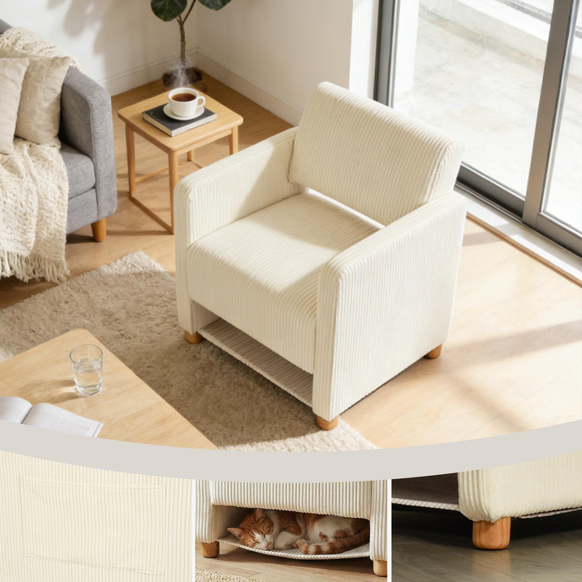 SESSEL, Gepolsterte breite Sitzfläche mit Armlehnen, Cordbezug, Massivholzfüße, Beige - Beige, Holz (46.5/77.5/46.5cm) - Meubles Cosy