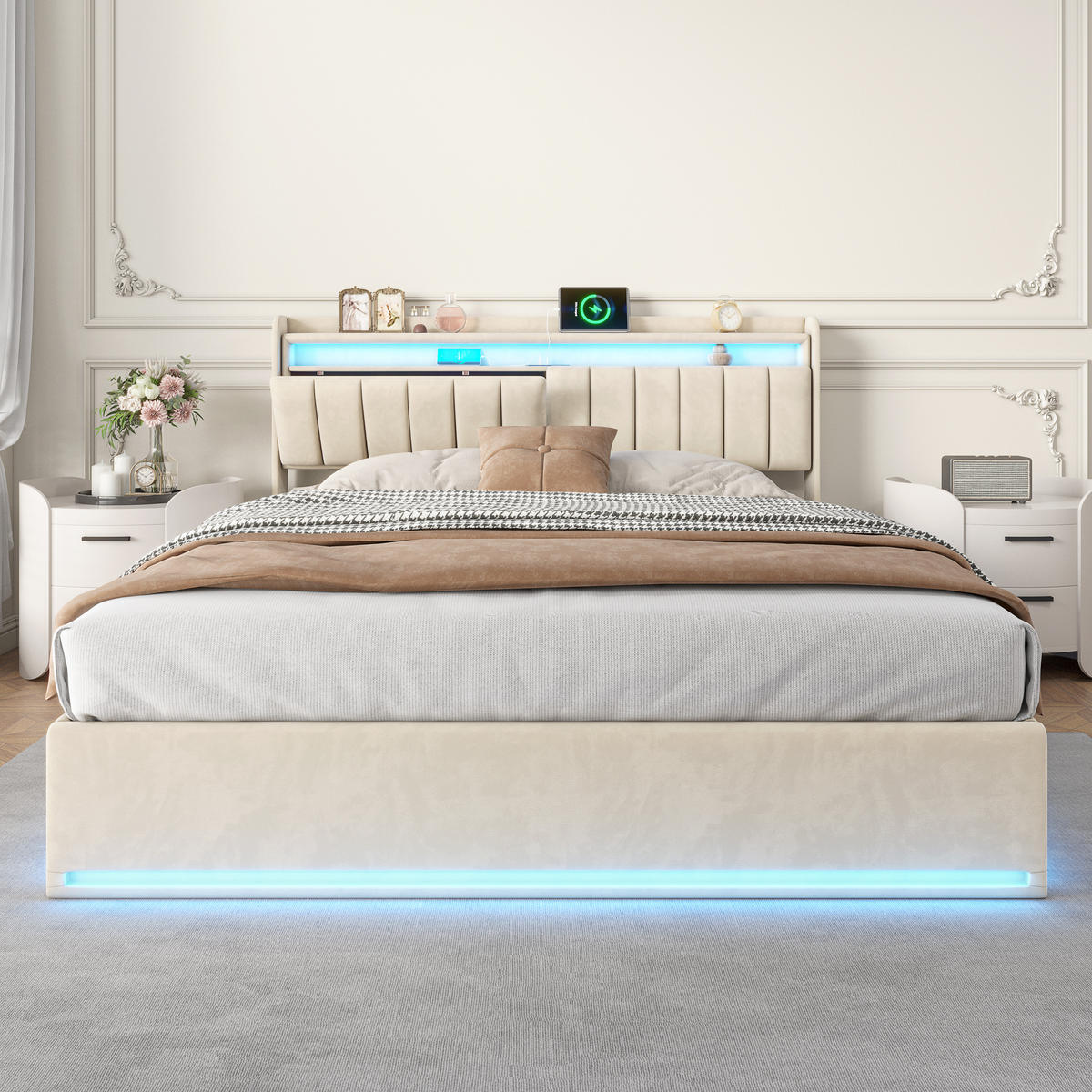 ČALÚNENÁ posteľ 140x200cm béžová zamatová LED úložná jednotka s USB - béžová, kov (140/200cm) - SHOPENTRA