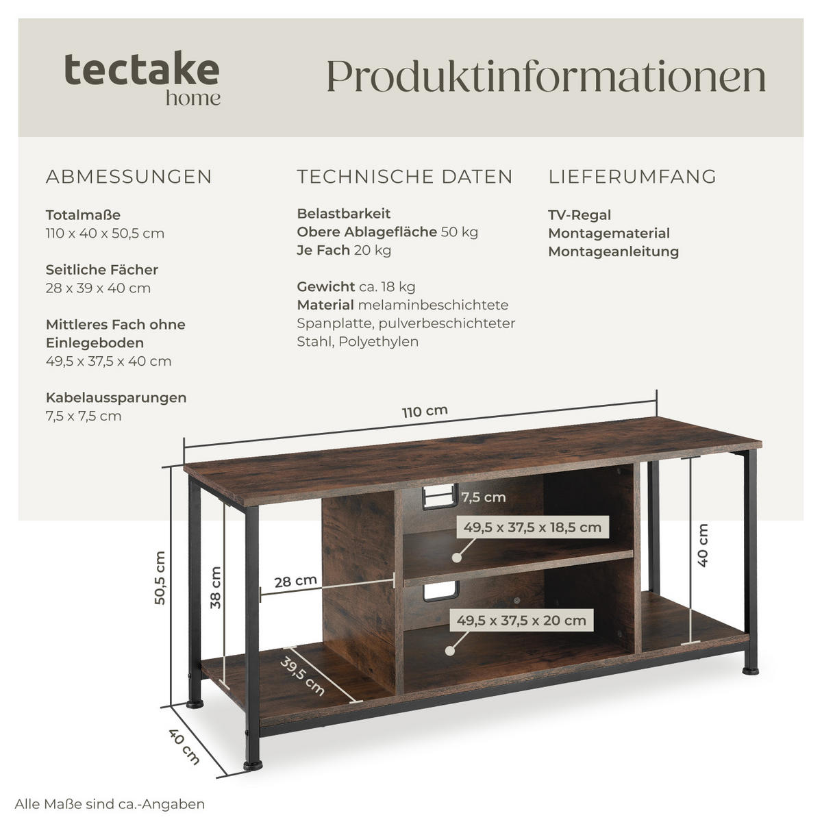 TV-REGAL Austin,110 x 40 x 50,5 cm,Industrial Holz dunkel, rustikal - Rostfarben, Holzwerkstoff (40/50.5/110cm) - tectake