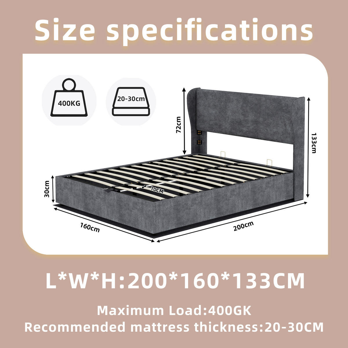 STAURAUMBETT 160/200 cm DE-35479 mit Gaslift-Staufach Grau - Grau, Metall (160/200cm) - ComfortXL