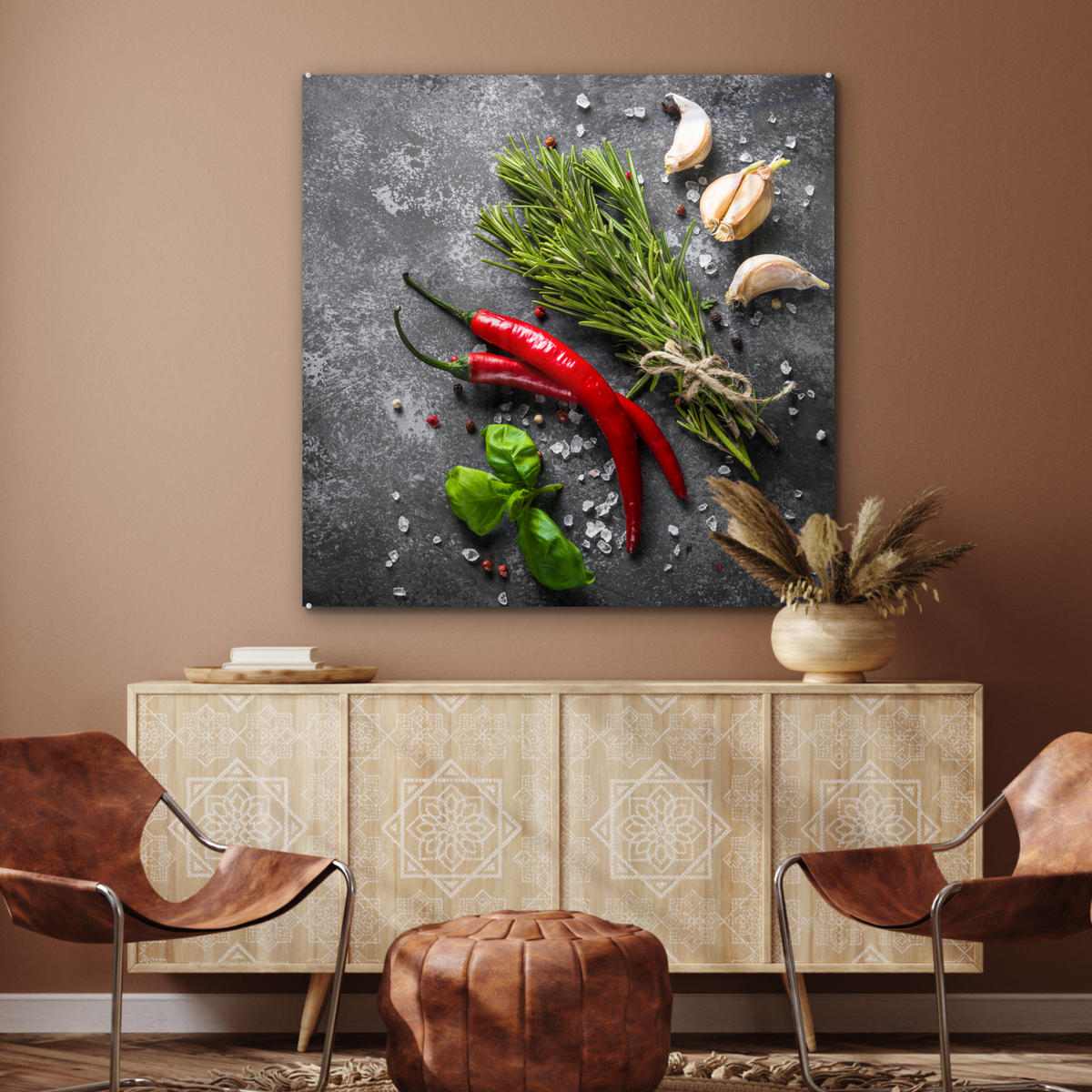 OBRAZ NA AKRYLOVOM SKLE Korenie - bylinky - korenie - betón 90x90 cm - tmavosivá, sklo (90/90cm) - MuchoWow