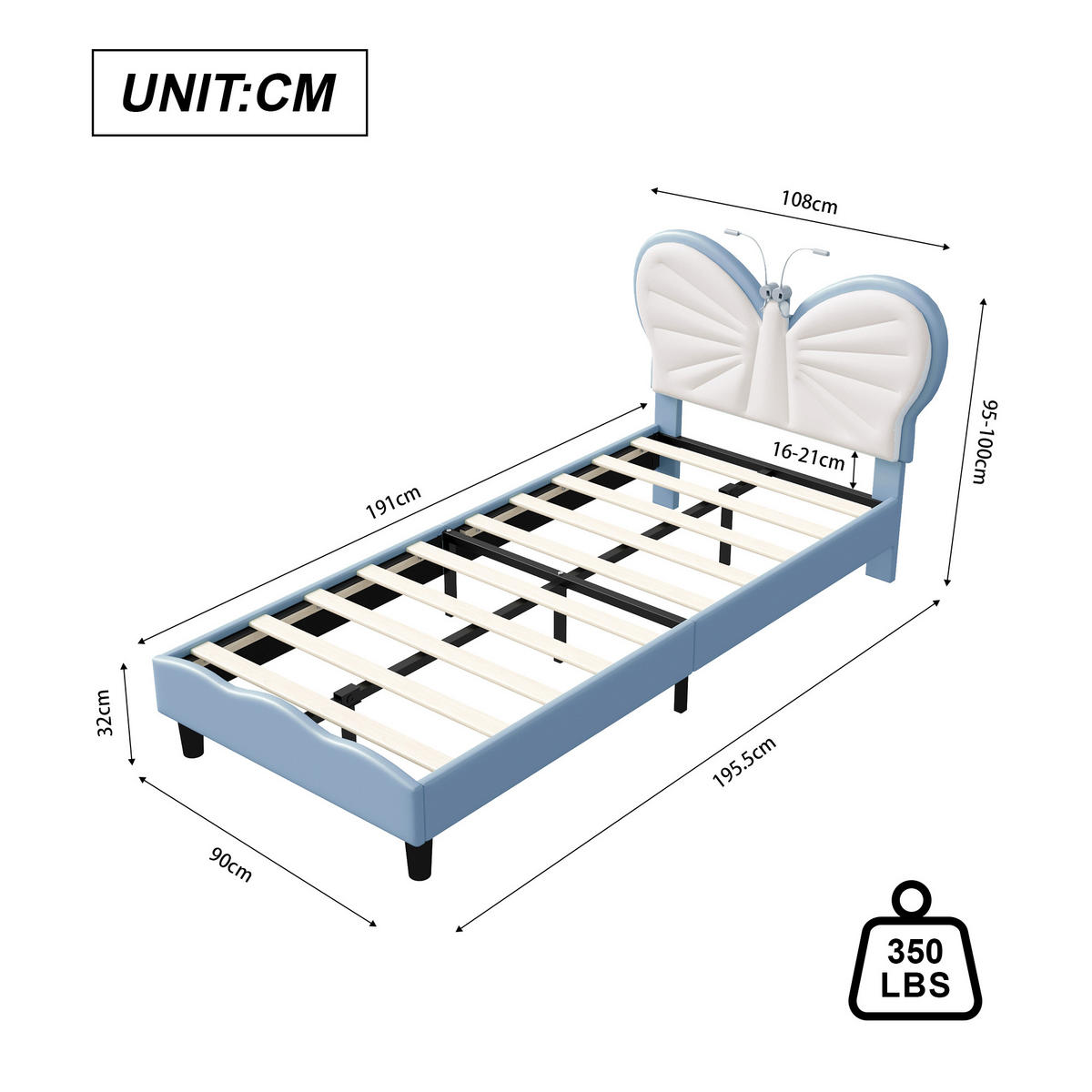 POLSTERBETT 90x190 cm Kinderbett mit Schmetterling Kopfteil, LED Leselicht, Blau Weiß - Blau, Metall (90/190cm) - EuroLiving