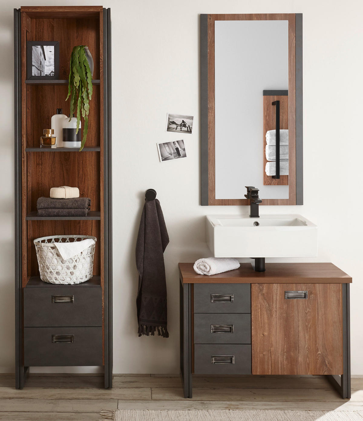 BADMÖBEL-SET 3-teilig Eiche Stirling, Matera grau, Badkombination 140 x 205 cm - Eichefarben/Grau, Holzwerkstoff (140/205/40cm)