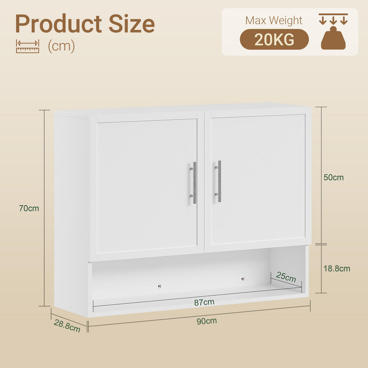 HÄNGESCHRANK mit offenen Regal und zwei Türen Weiß 90x28,8x70cm - Weiß, Holzwerkstoff (90/28.5/70cm) - SoBuy