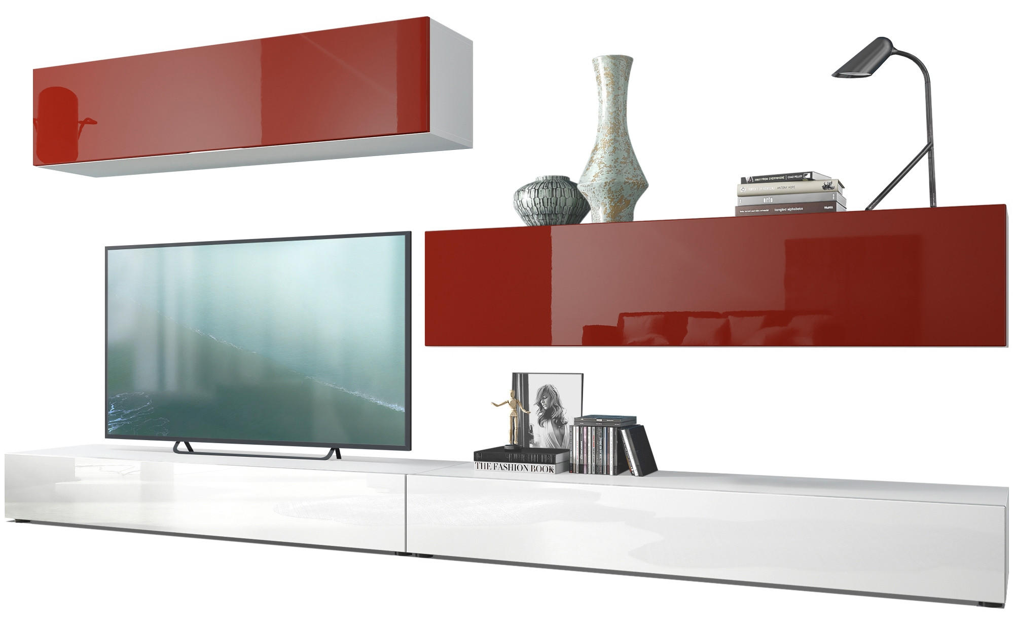 WOHNWAND Nublo Klappen in Bordeaux Hochglanz - Bordeaux, Holzwerkstoff (279/147/39cm) - Vladon