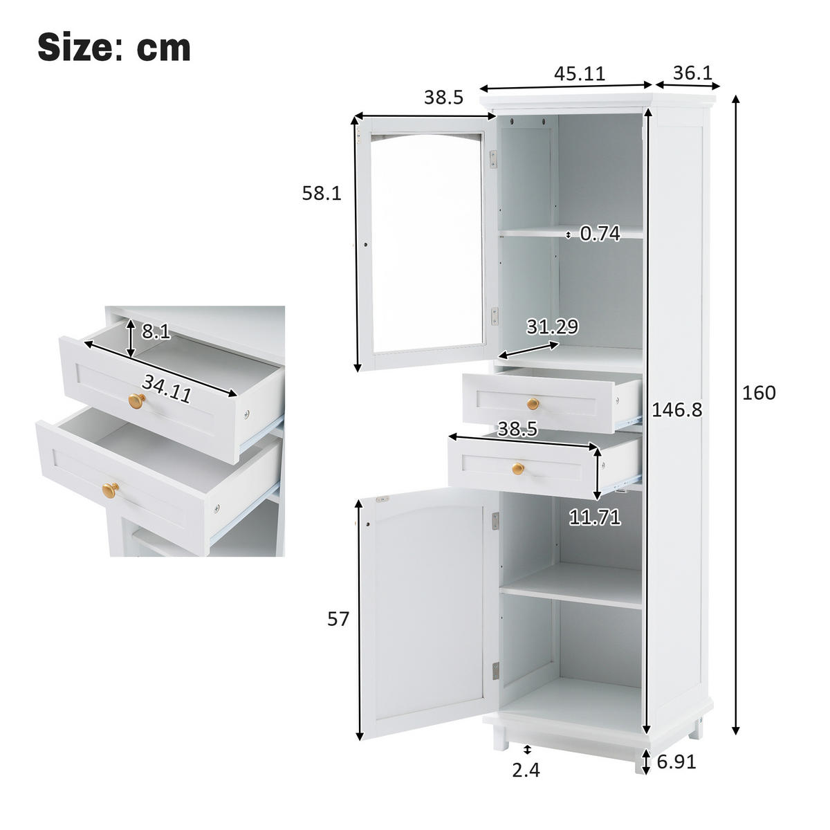 VITRINE 45x36x160 cm Weiß aus Holzwerkstoff mit Glastür & Schubladen - Weiß, Holzwerkstoff (45/160/36cm) - Modfu