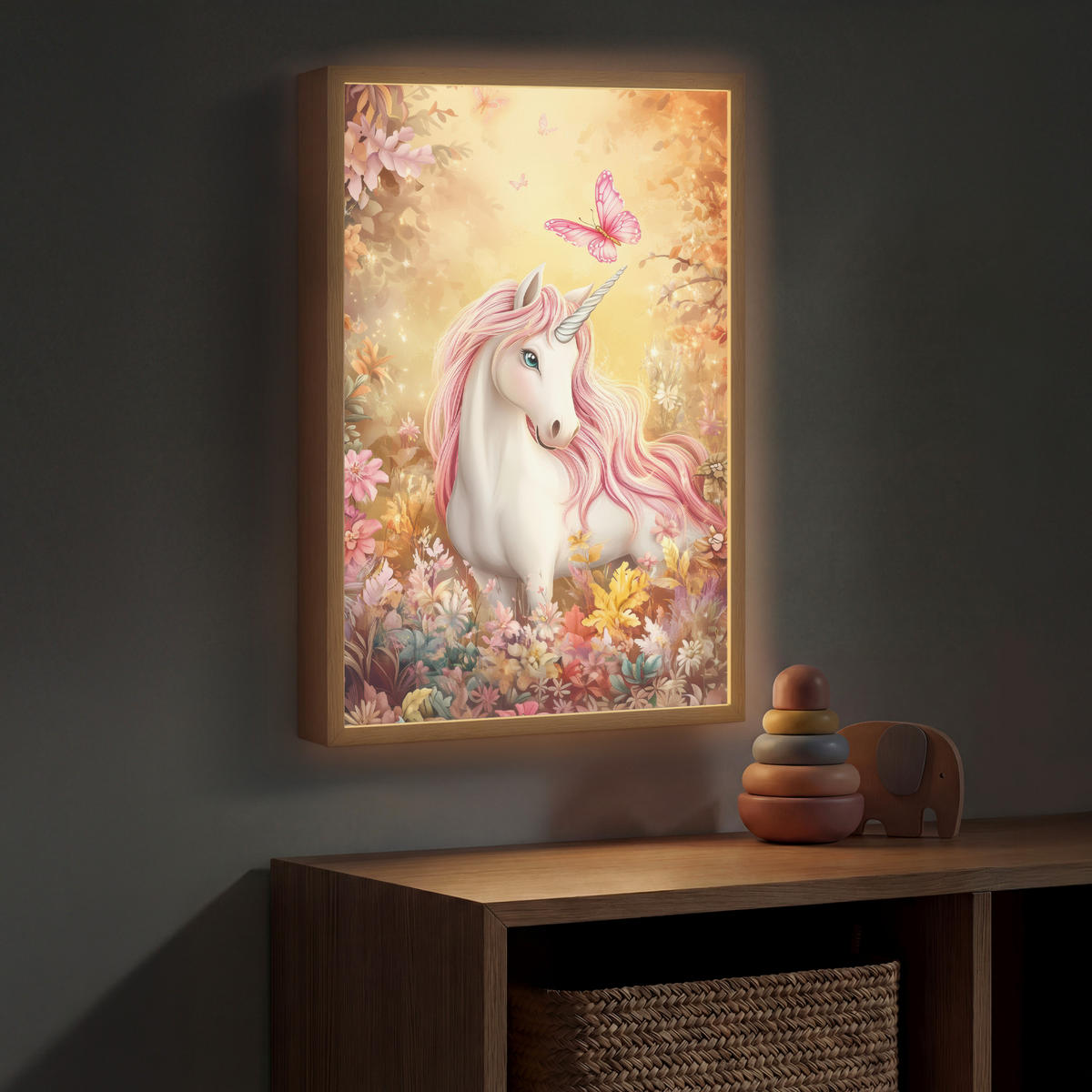 DOBÍJECÍ NOČNÍ LAMPIČKA Jednorožec - Květiny - Motýl - Růžová 40x60 cm - béžová, kompozitní dřevo (8/40/60cm) - OnlyWow