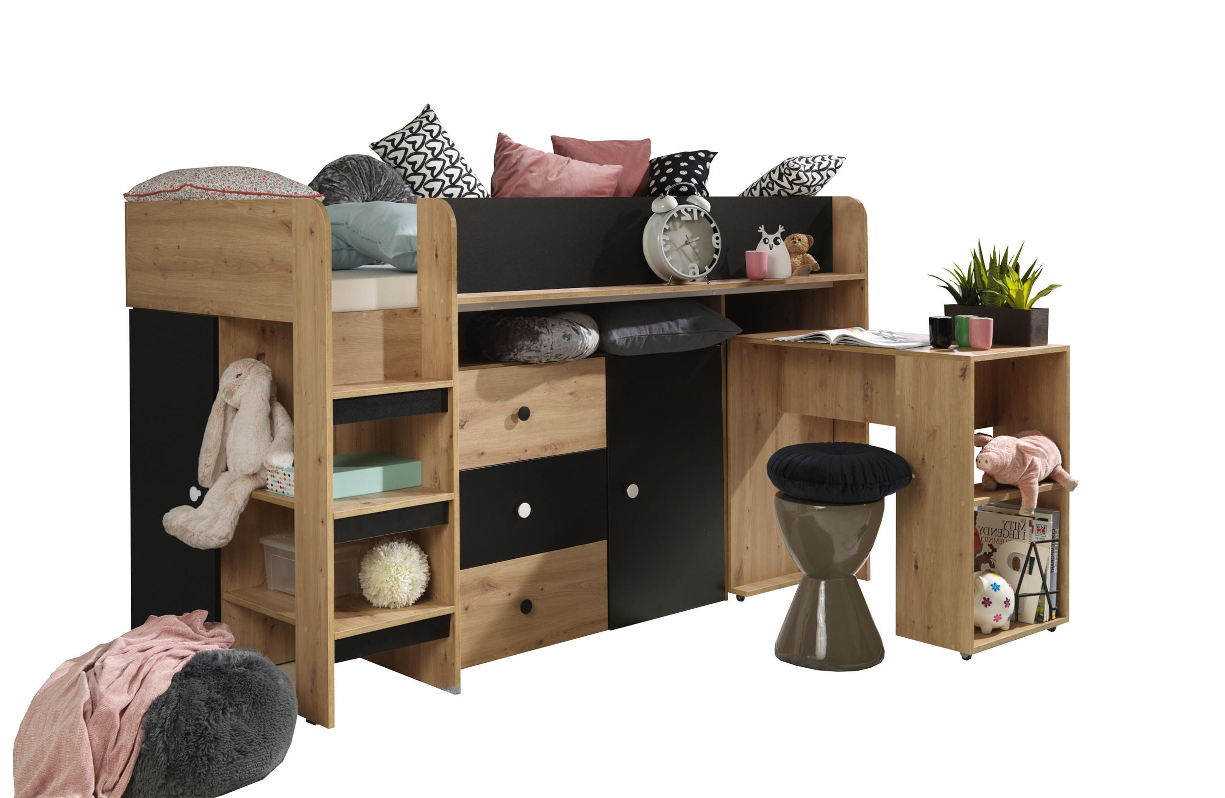 HOCHBETT Smart Artisan Eiche / schwarz 106 / 203 / 125cm Leiter links - Schwarz/Braun, Holz/Holzwerkstoff (90/200cm) - Feldmann-Wohnen