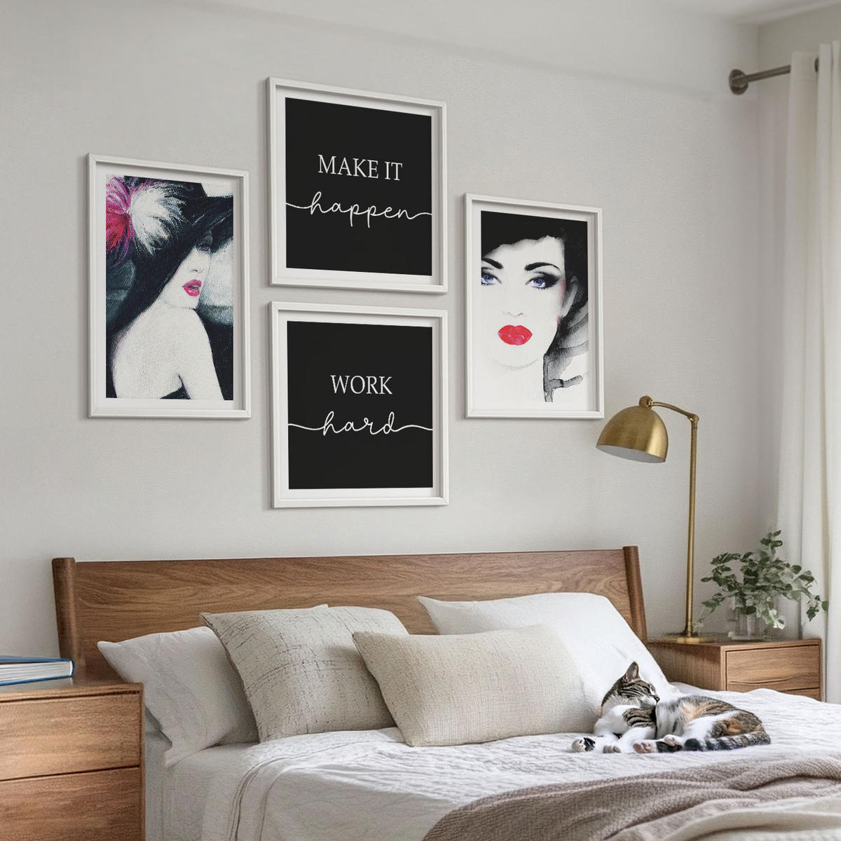 BILDER SET 4er Set - 50x50 cm & 40x60 cm Weißer Rahmen - Porträts von Frauen mit Lippen - Weiß, Kunststoff (50/50cm) - TULUP