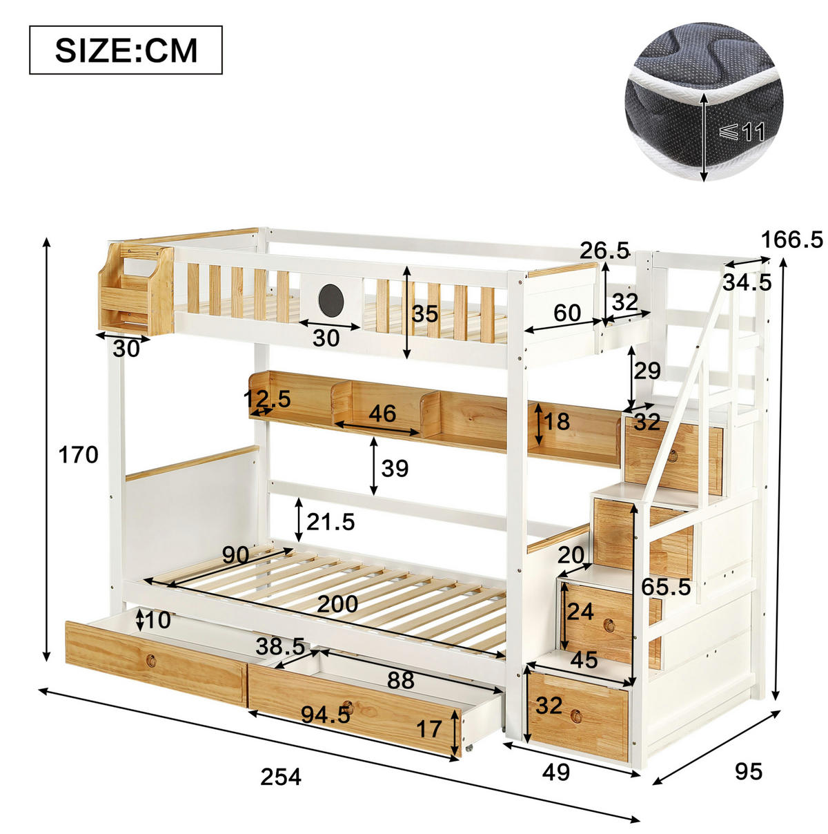 PATROVÁ postel 90/200 cm bílá a přírodní z borovice a MDF se schody s úložným prostorem - bílá, kompozitní dřevo (90/200cm) - OKWISH