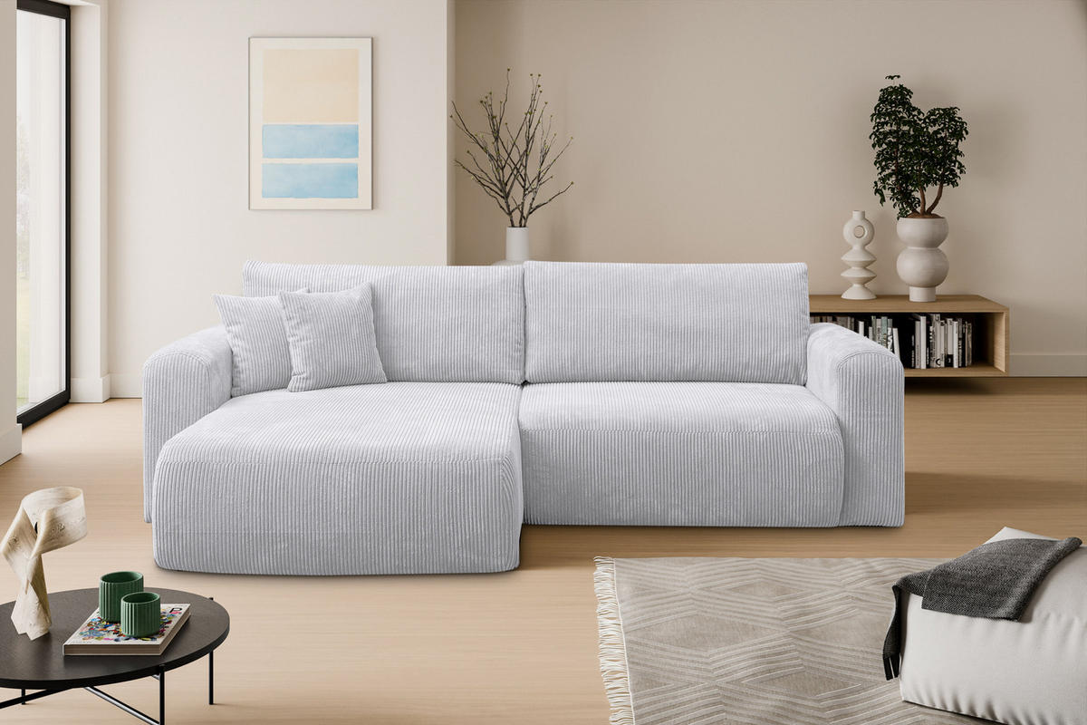 ECKSOFA Roma, Eckcouch in L-Form mit Schlaffunktion und Bettkasten, Farbe: Hellgrau, Cordstoff, Ottomane Universal - Hellgrau, Textil (244/142cm) - VENASI MÖBEL