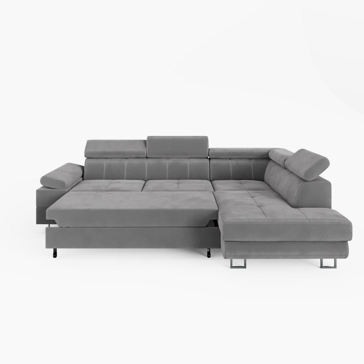 ECKSOFA CAROLINE Rechts Braun Velours-Stoff mit Schlaffunktion und Bettkasten - Chromfarben/Dunkelbraun, Textil (253/190cm) - Barchello