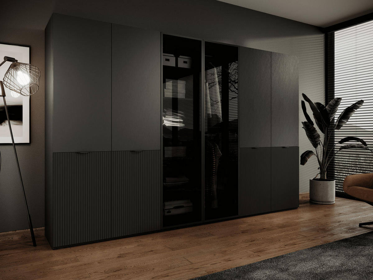 KLEIDERSCHRANK ZEN (Modular, Schwarz Matt, Schwarz & Getöntes Glas Antisol, 6-türig) - Schwarz, Holz/Holzwerkstoff (303/200/51cm) - Ravio