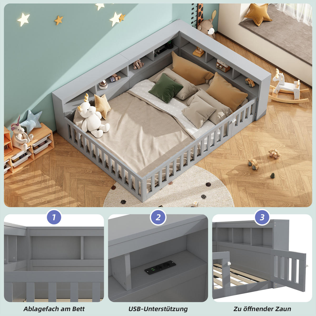 TAGEBETT 140x190cm Grau Spanplatte Bettseite Staufach Steckdose USB - Grau, Holz (140/190cm) - FLIEKS