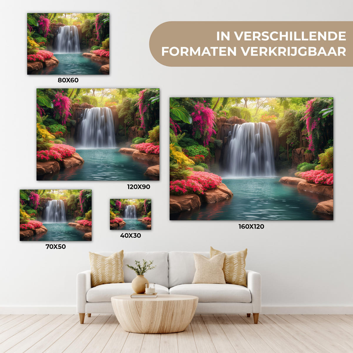 LEINWANDBILD Wasserfall - Natur - Pflanzen - Dschungel - Wasser Wandbild 40x30 cm - Grün, Textil (40/30cm) - MuchoWow