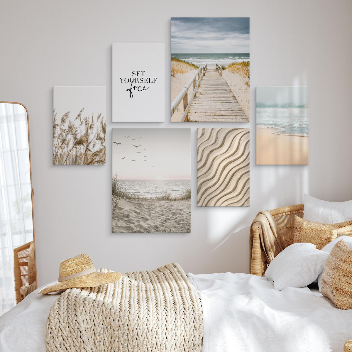 LEINWANDBILDER 6-er Set Strand Meer 3D - Blau/Beige, Textil (90/80cm) - Muralo
