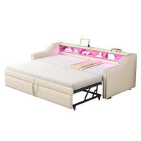 BETT 90/180/200 cm Beige aus Leinen mit Ausziehfunktion, USB und LED - Beige, Textil (90/200cm) - OKMYHOME