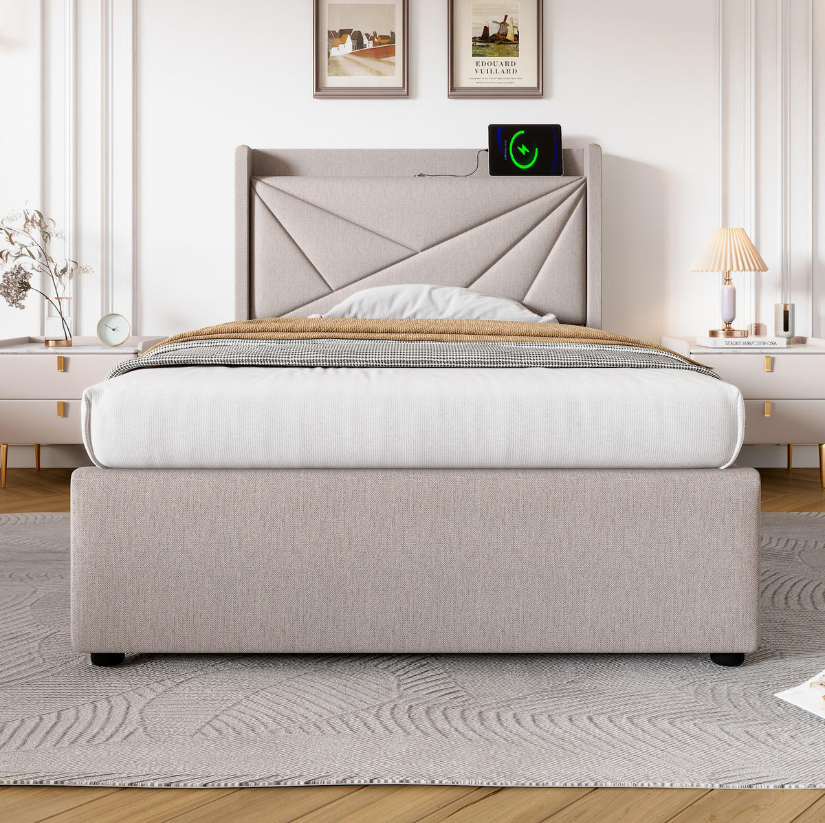 ČALOUNĚNÁ postel 90/200 cm béžová z bavlněného lnu s úložným prostorem a USB/Typ-C - béžová, textil (90/200cm) - OKWISH