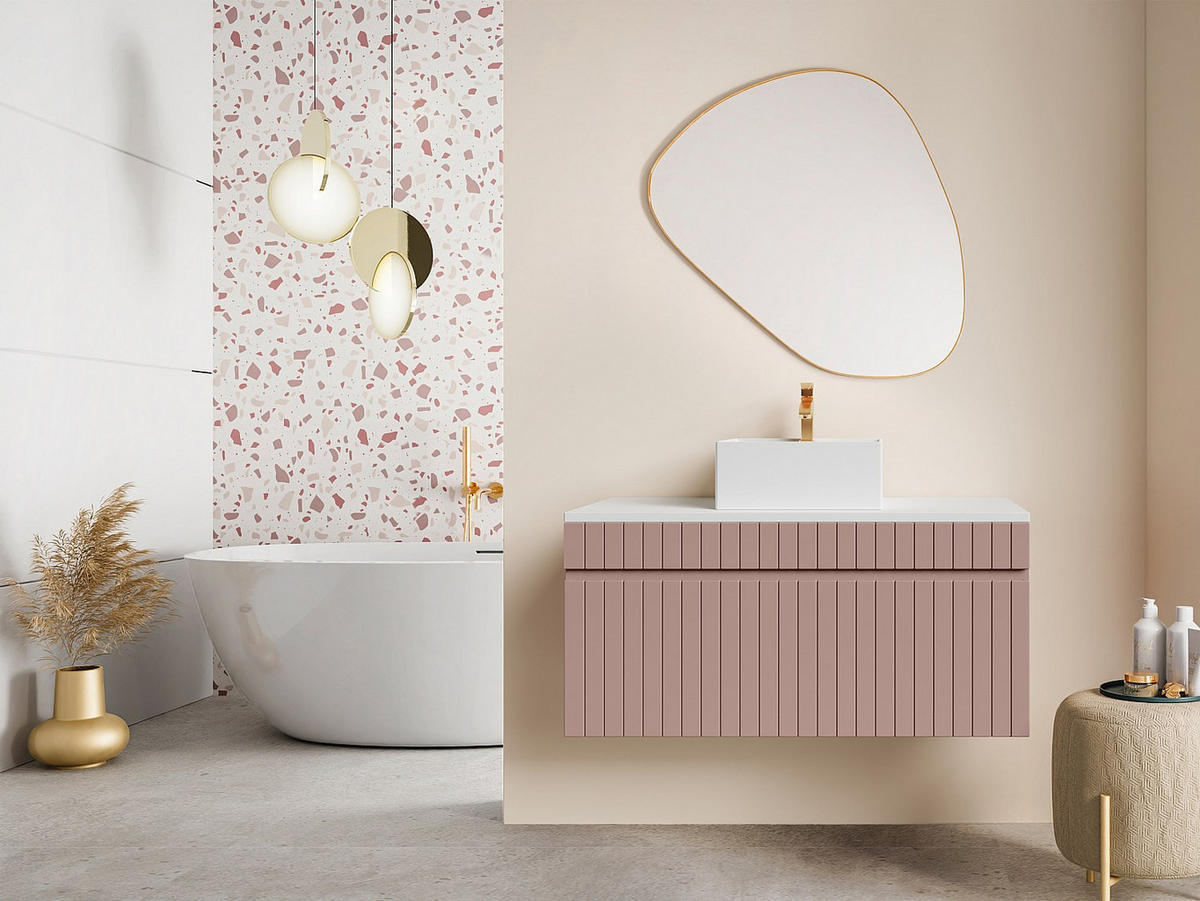 WASCHBECKENUNTERSCHRANK hängend mit Aufsatzplatte - Streifen-Optik - Rosa - 100 cm - SATARA - Pink, Holz (100/46/46cm) - Vente-Unique