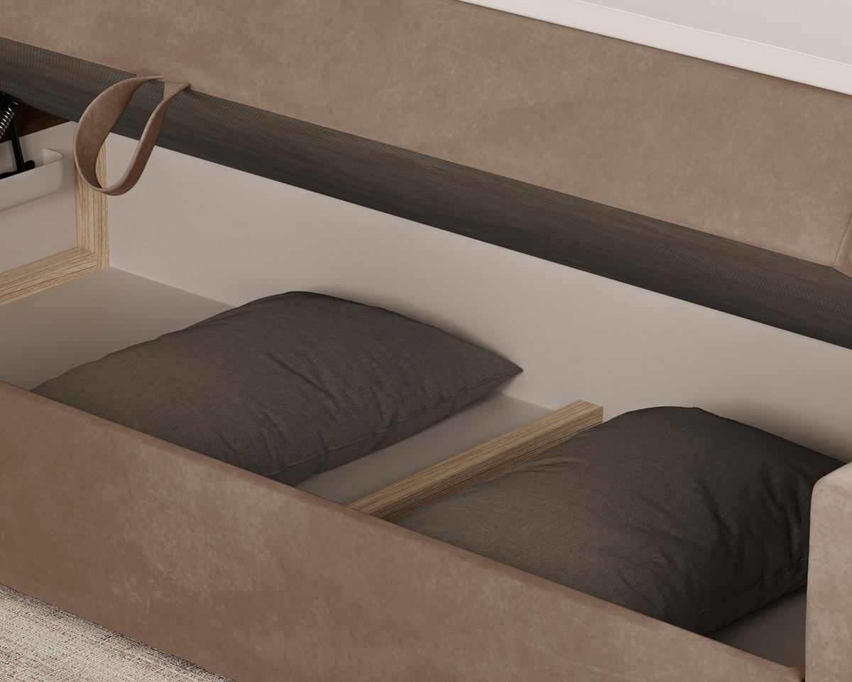 BOXBETT 12 140 x 200 cm - Manila - Modernes Polsterbett mit Bettkasten inkl. PU-Schaum-Topper und Federmechanismus - Cappuccino, Holz (140/200cm) - ROYAL24_MARKT