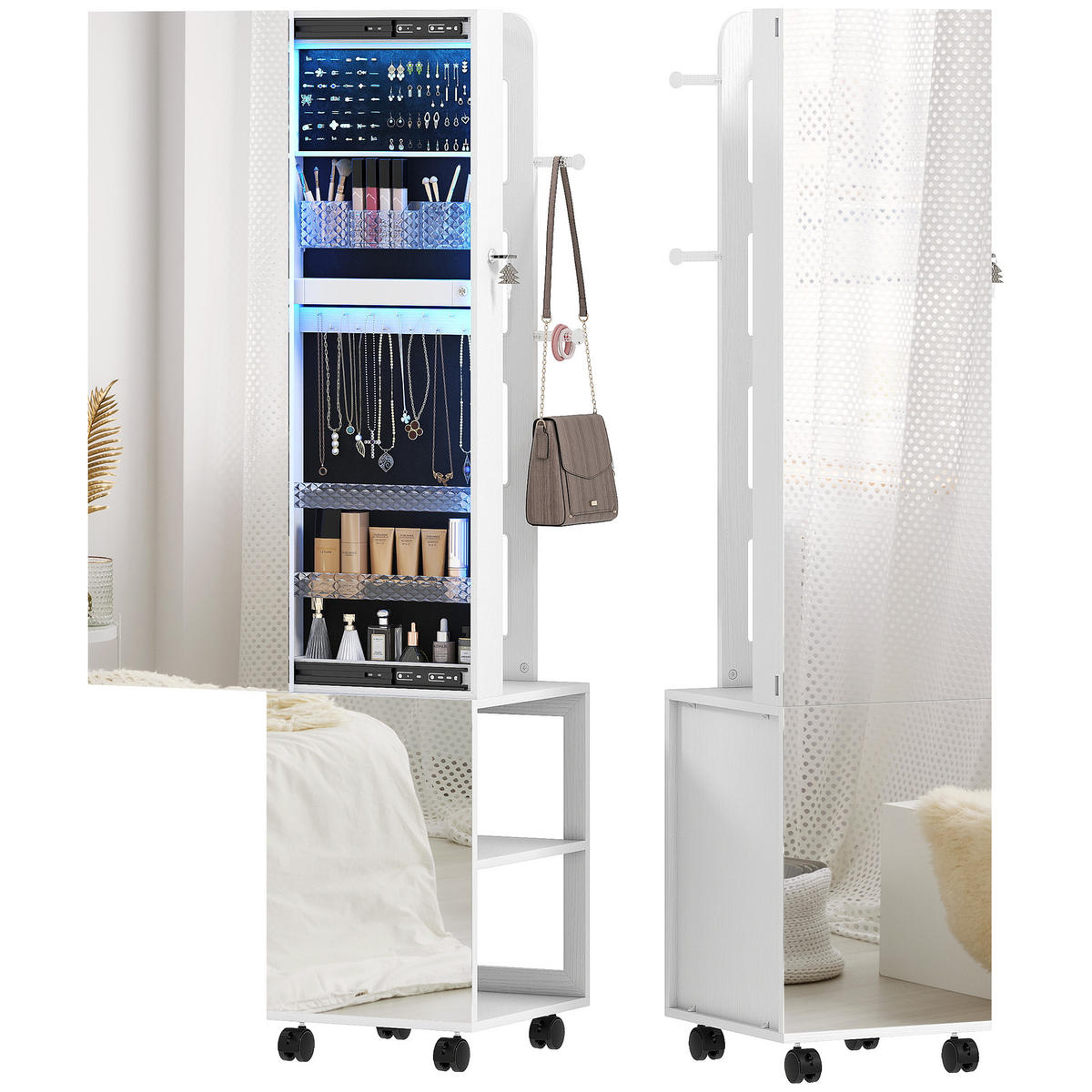 STANDSPIEGEL DE-18889 360° drehbar, LED, 165,5 cm Weiß - Schwarz, Holzwerkstoff (40/165.5/37cm) - ComfortXL