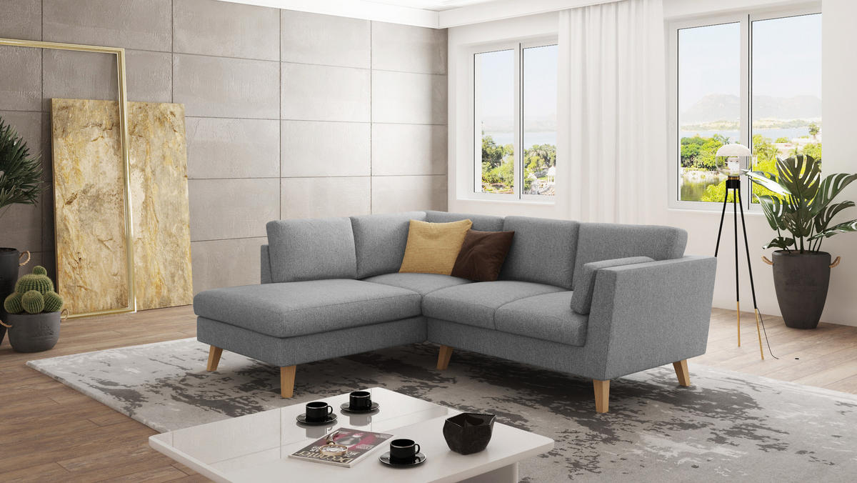 ECKSOFA Mario Grau Microfaser - Naturfarben/Grau, Buchenholz/Textil (221/186cm) - S-Style Möbel
