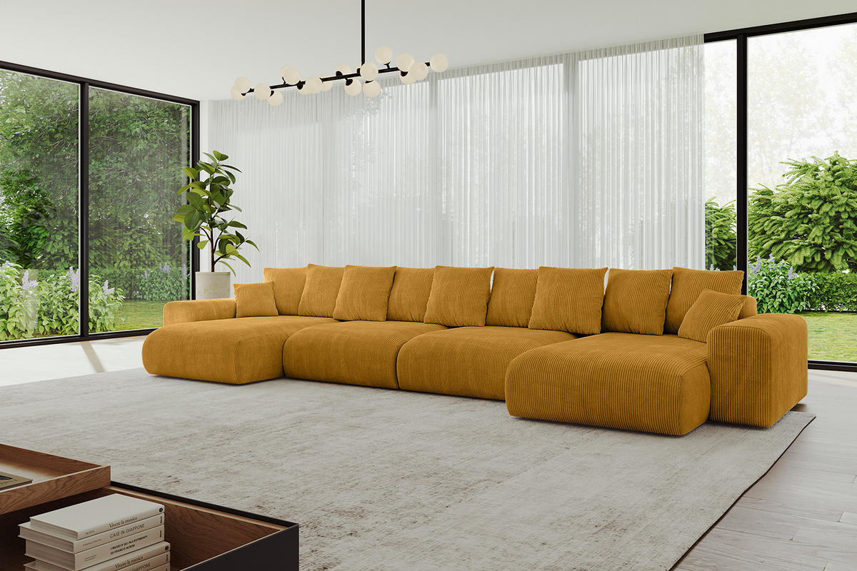 WOHNLANDSCHAFT mit Schlaffunktion ESKAR-U2-464x176x72cm Senfgelb - Sandfarben, Holzwerkstoff/Kunststoff (176/72/464cm) - ALTDECOR