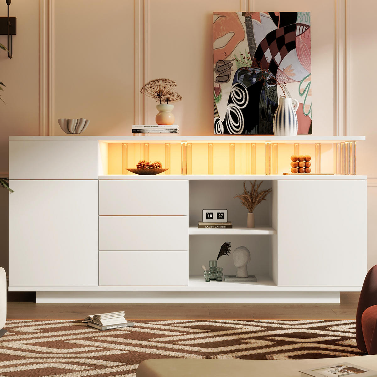 SIDEBOARD 160x40x75 cm Weiß mit LED und 4 Schubladen - Weiß, Holz (160/75/40cm) - FLIEKS