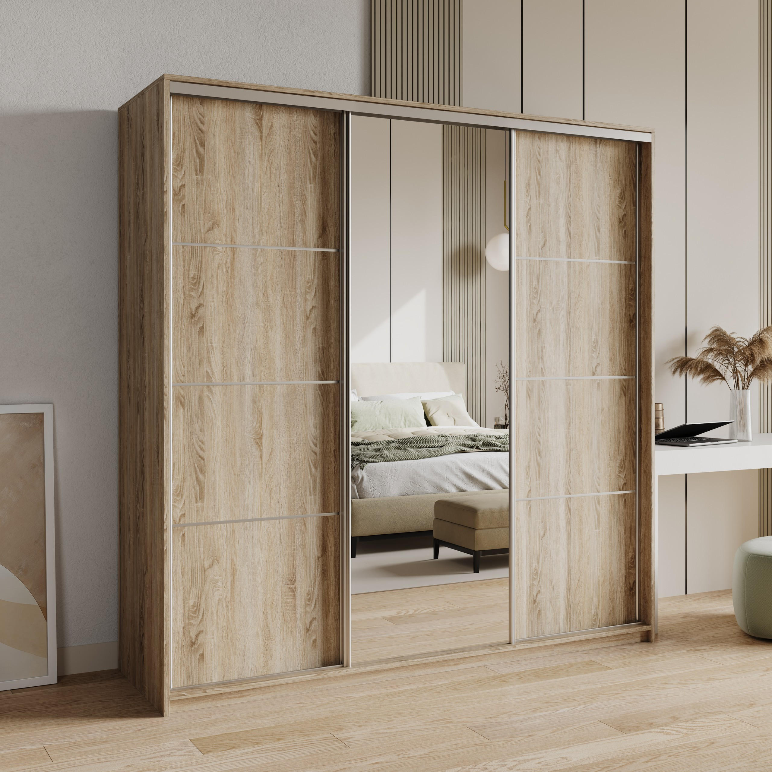 SCHWEBETÜRENSCHRANK VARO 180/205/60 cm 3-türig mit Spiegel und Schubladen Sonoma Eiche - Sonoma Eiche/Nickelfarben, Holzwerkstoff (180/205/60cm) - MASSENO