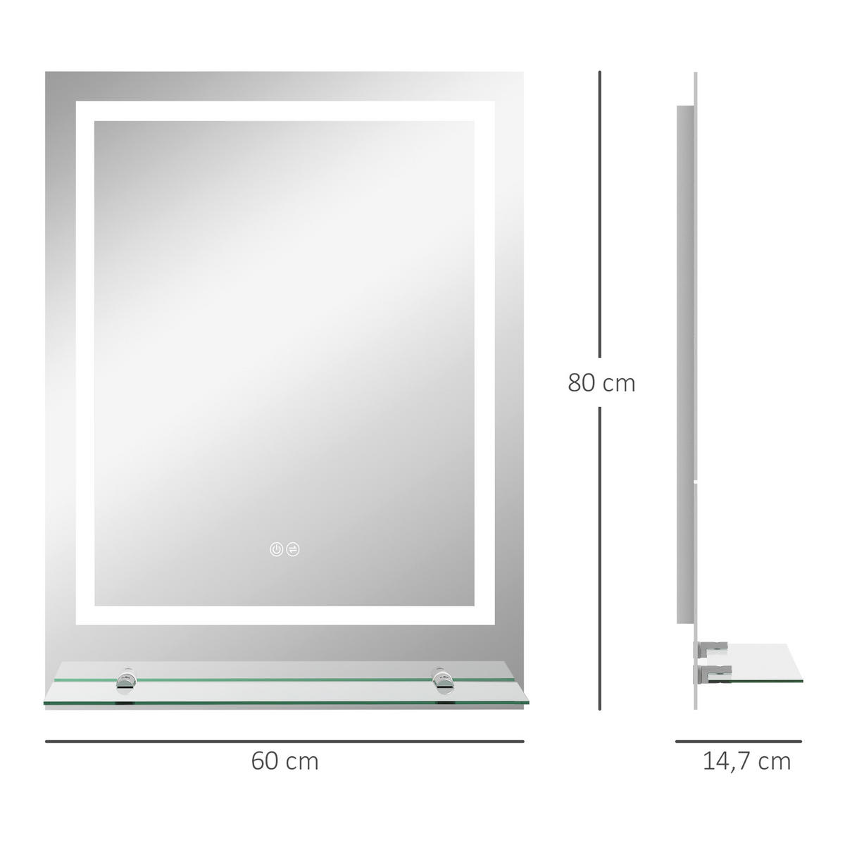 BADEZIMMERSPIEGEL DE-15202 80/60 cm mit Glasablage und 3 LED-Farben Silber - Transparent, Glas (60/2.7/80cm) - ComfortXL
