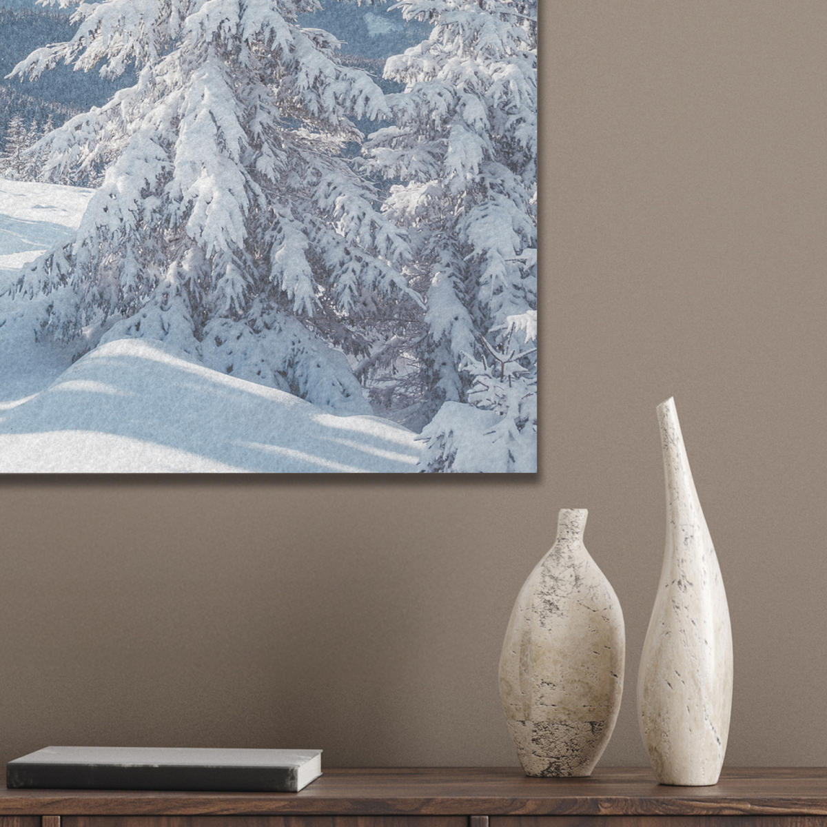 AKUSTIKBILD Winterlandschaft - Natur - Berge - Bäume - Schnee Wanddeko 70x50 cm - Hellblau, Kunststoff (70/50/0.9cm) - MuchoWow