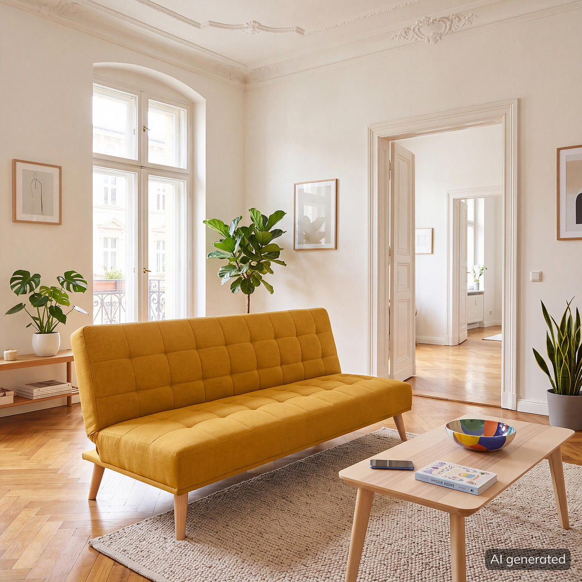 SCHLAFSOFA - Hellbraun/Gelb, Holz/Birkenholz (180/81/86cm) - home24