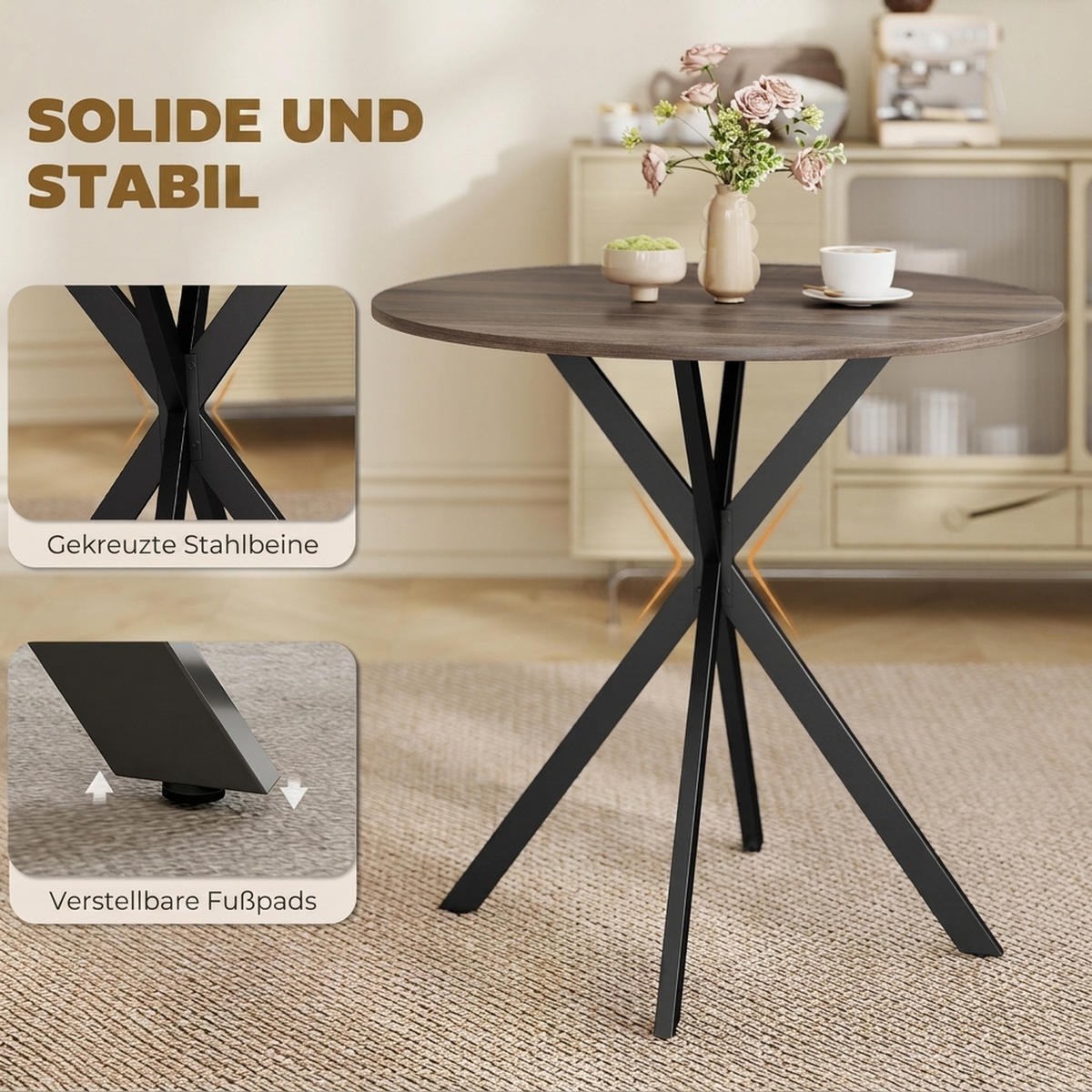 ESSTISCH, Runder Küchentisch für 2 Personen im Industriestil mit Stahlbeinen - Dunkelbraun, Holzwerkstoff (80/80/75cm) - HOMCOM