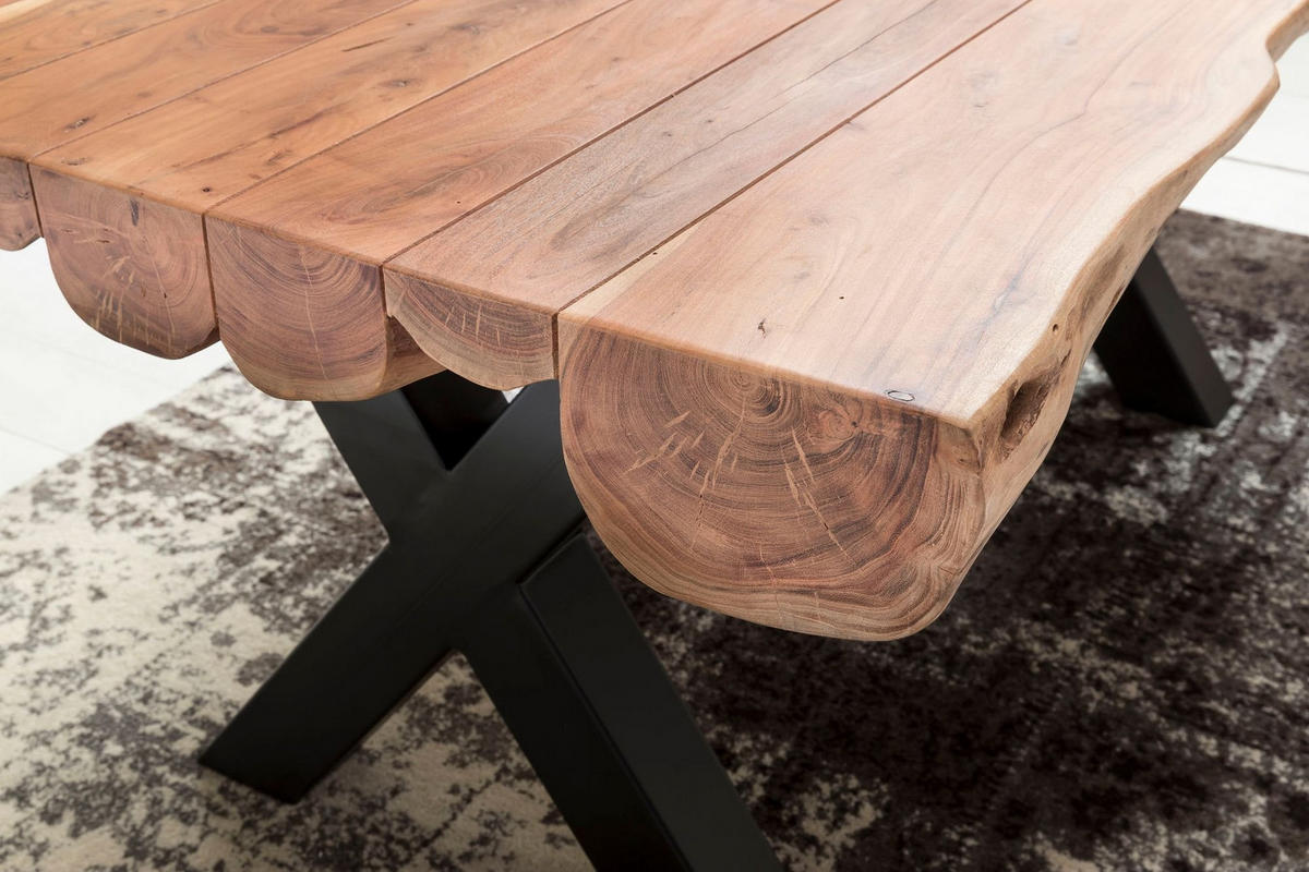 ESSZIMMERTISCH – Akazie Massivholz 200x100x77 cm X-Gestell Natur Schwarz - Beige/Schwarz, Holz/Metall (200/100/77cm) - KADIMA DESIGN