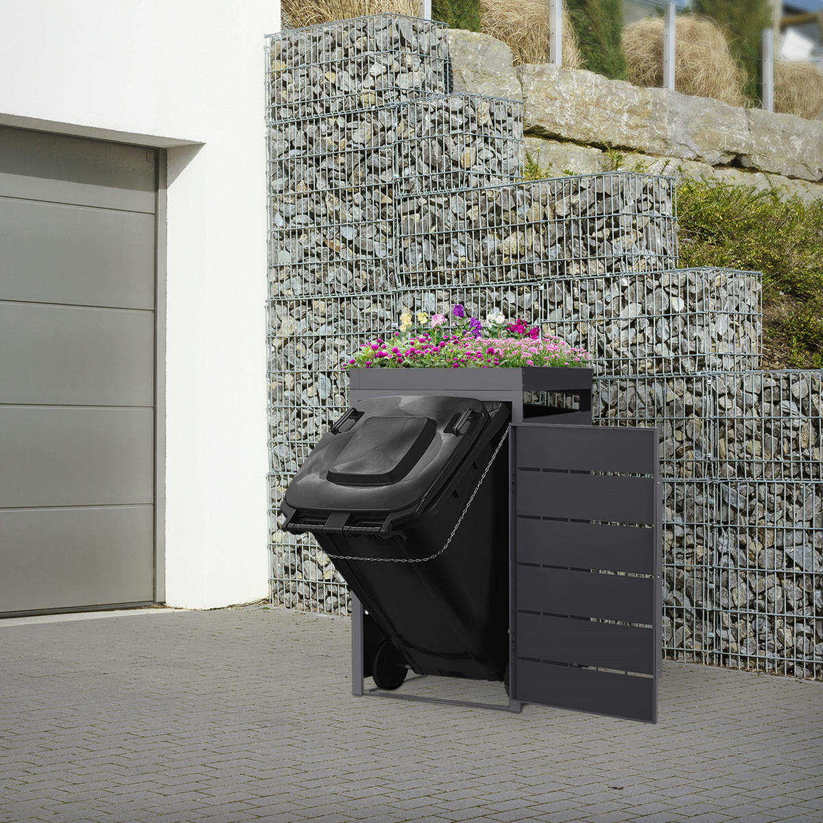 MÜLLTONNENBOX 1er mit Pflanzdach 240L 68x80x124 cm Anthrazit aus Stahl - Anthrazit, Metall (80/124/68cm) - ML-DESIGN