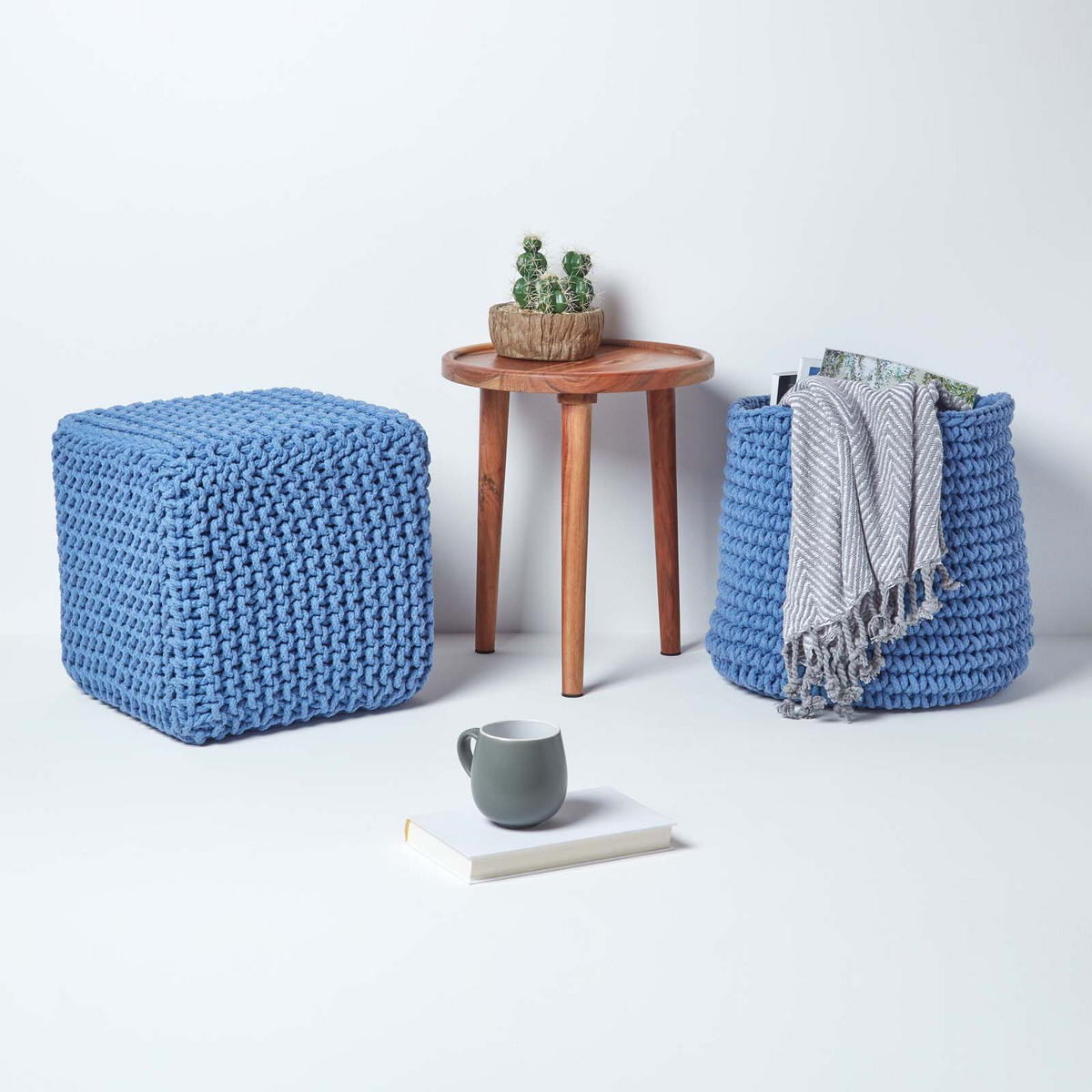 STRICK-POUF blau, Sitzwürfel 35/35/35 cm - Blau, Textil (35/35/35cm) - Homescapes