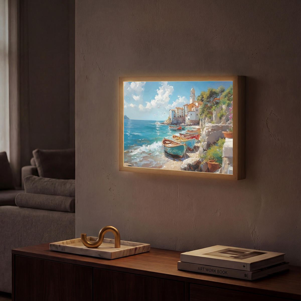 NÁSTĚNNÁ LAMPA S AKUMULÁTOREM Lodě - skály - moře - slunce 40x30 cm - modrá, kompozitní dřevo (40/30/8cm) - OnlyWow